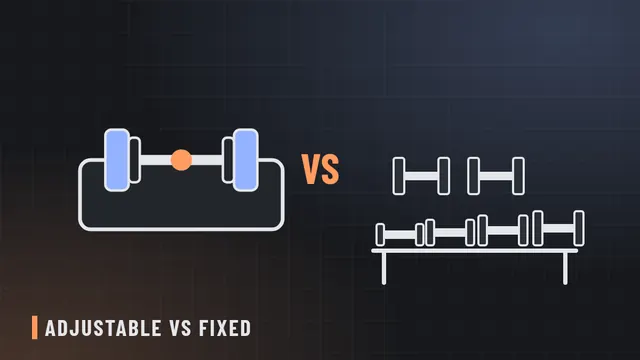 Line illustration comparing one adjustable dumbbell in its tray with a row of fixed hex dumbbells