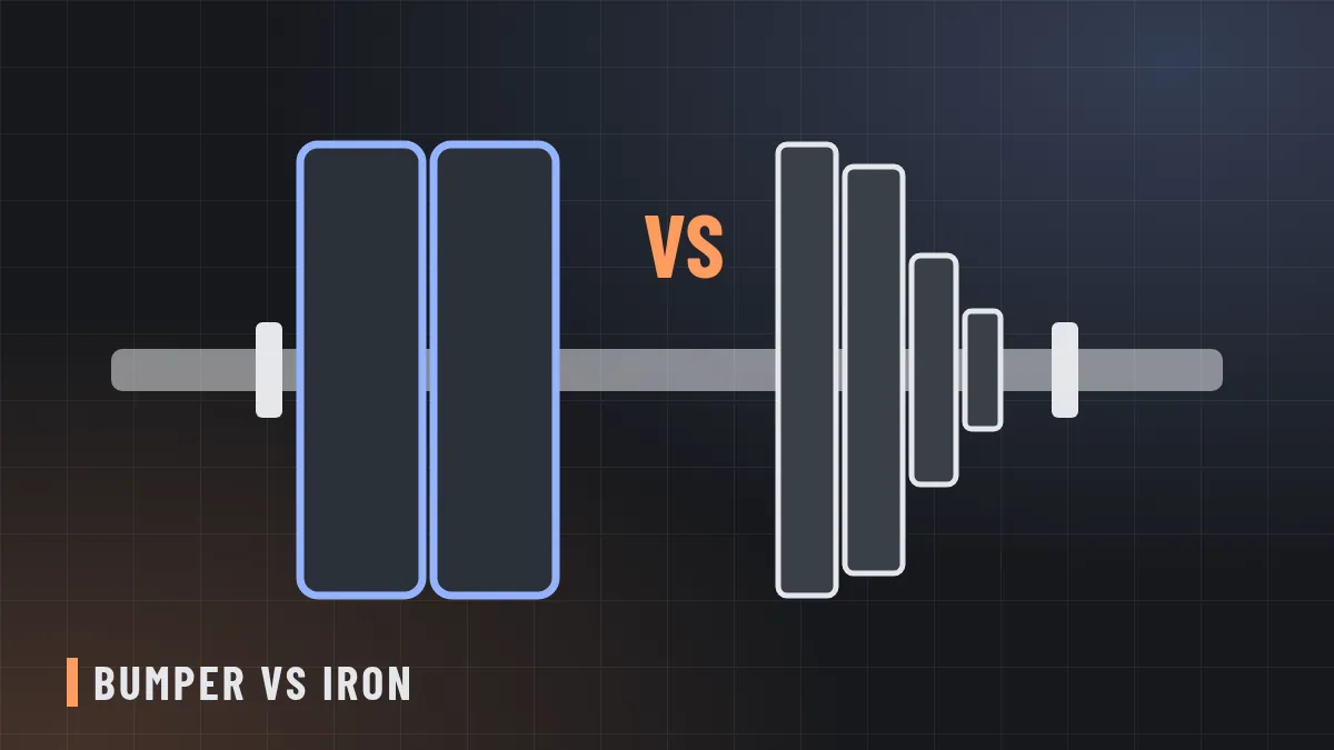 Line illustration of a thick rubber bumper plate beside a thinner iron plate on a barbell sleeve