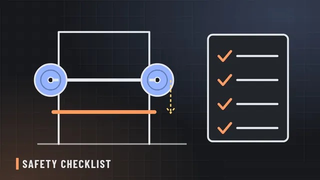 Line illustration of a squat rack with safety bars set below a barbell, next to a checklist with ticks