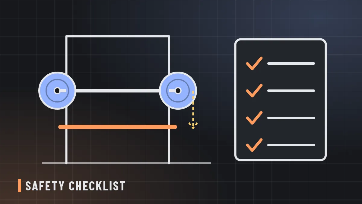 Line illustration of a squat rack with safety bars set below a barbell, next to a checklist with ticks