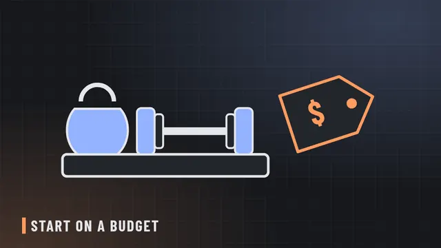 Line illustration of a pair of dumbbells, a folded mat and a price tag on a dark background
